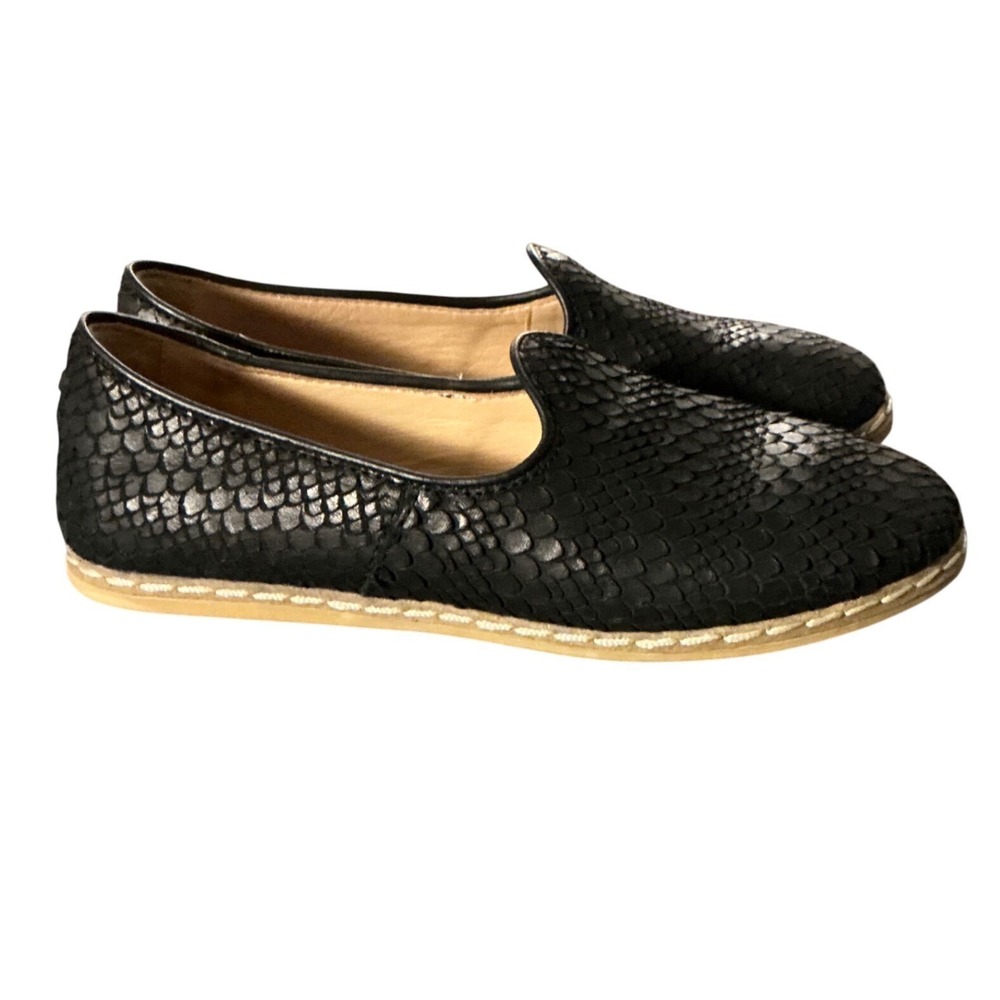 Charix Black Snakeskin Embossed Leather Loafers Artisan Handmade Shoes US 7.5 EU